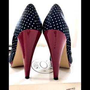 Peep toe pump, Burgundy 4 3/4" heel & platform Black & white dot satin size 7